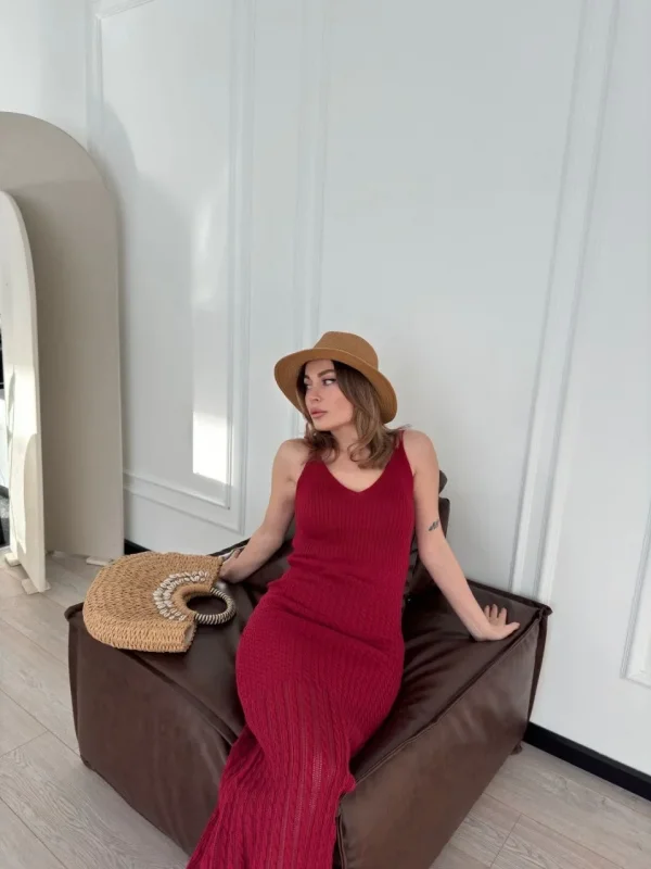 Lushiowear Kadın Örgülü Uzun Triko Elbise - Bordo