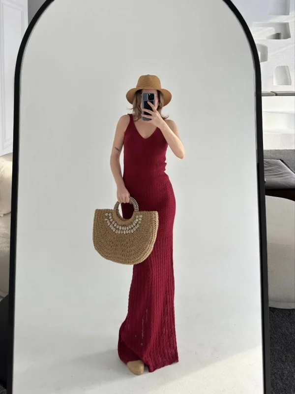 Lushiowear Kadın Örgülü Uzun Triko Elbise - Bordo