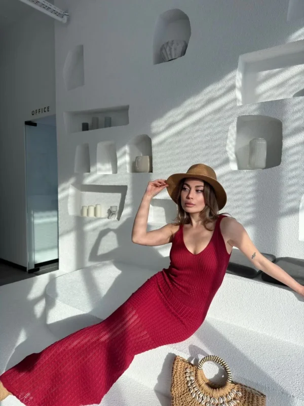 Lushiowear Kadın Örgülü Uzun Triko Elbise - Bordo