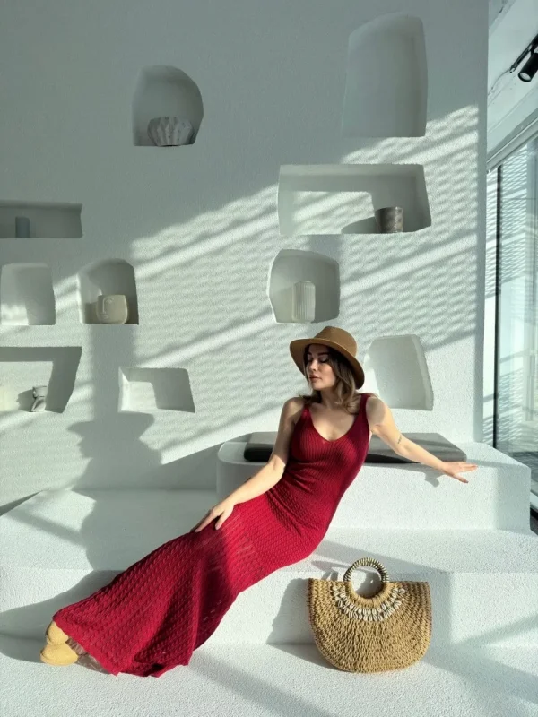 Lushiowear Kadın Örgülü Uzun Triko Elbise - Bordo