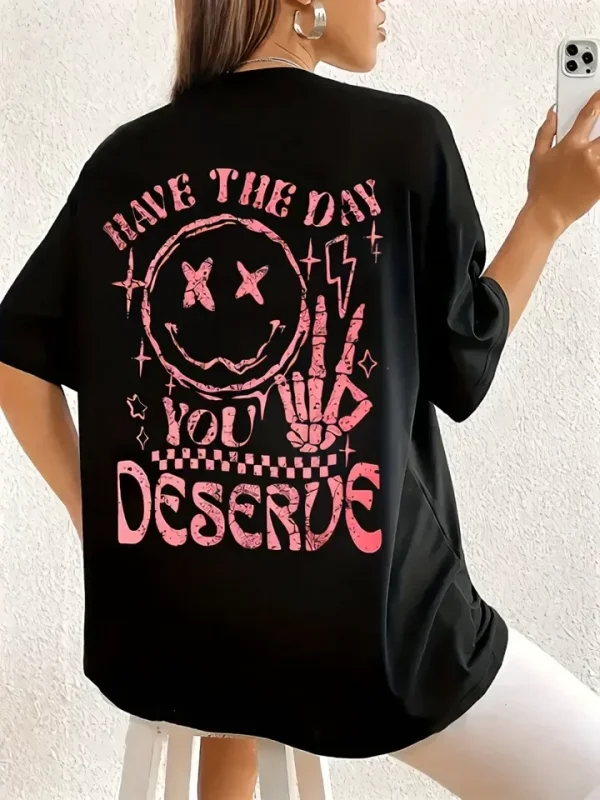Lushiowear Kadın Kısa Kol Yazlık Tişört Bisiklet Yaka Baskılı Oversize T-Shirt - Siyah