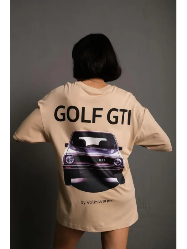 Lushiowear Kadın Oversize Tişört Golf GTI Retro Araba Baskılı T-shirt - Bej