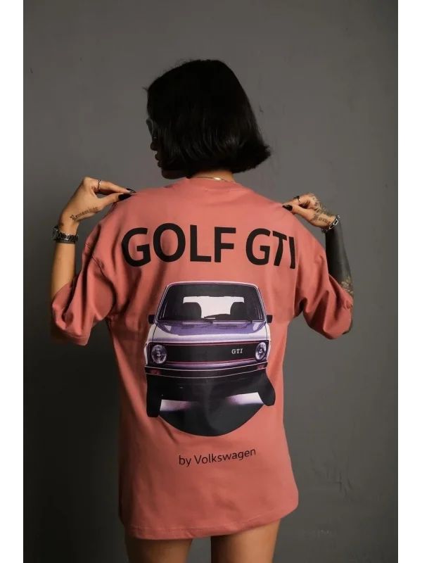 Lushiowear Kadın Oversize Tişört Golf GTI Retro Araba Baskılı T-shirt  - Gül Kurusu