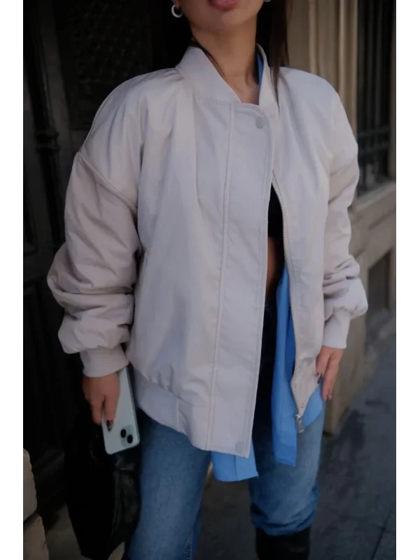 Lushiowear Kadın Prenıum Cepli Bomber Ceket Mont - Beyaz