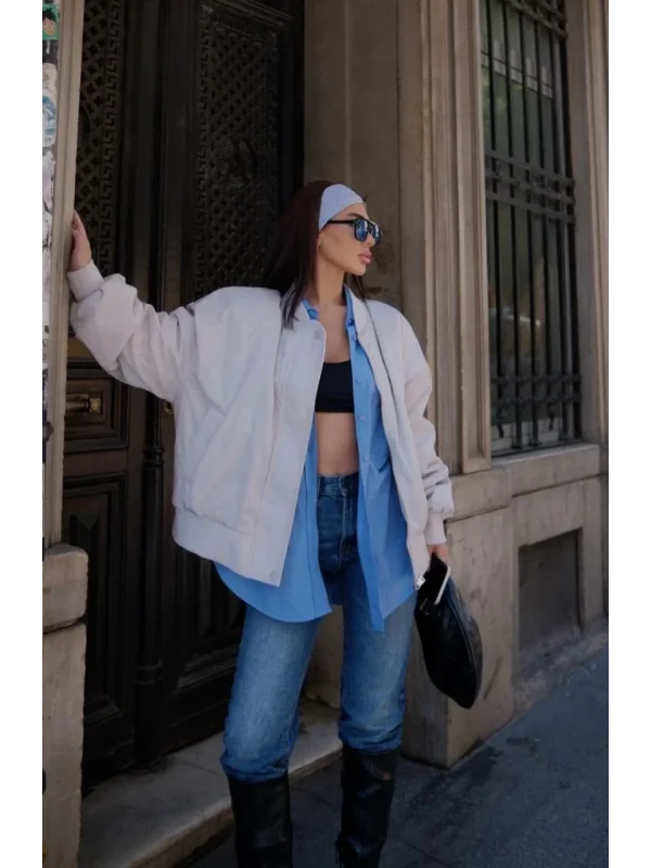Lushiowear Kadın Prenıum Cepli Bomber Ceket Mont - Beyaz