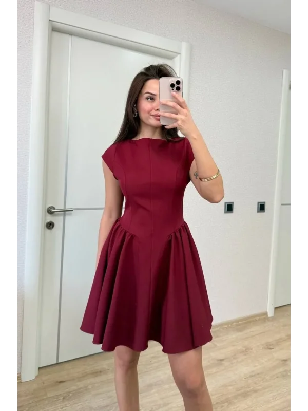 Lushiowear Kadın Sırt dekolteli Çan Detaylı Mini Elbise - Bordo
