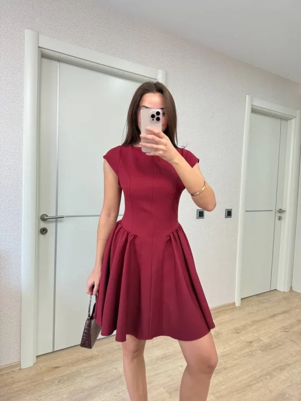 Lushiowear Kadın Sırt dekolteli Çan Detaylı Mini Elbise - Bordo