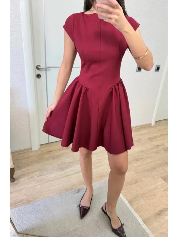 Lushiowear Kadın Sırt dekolteli Çan Detaylı Mini Elbise - Bordo