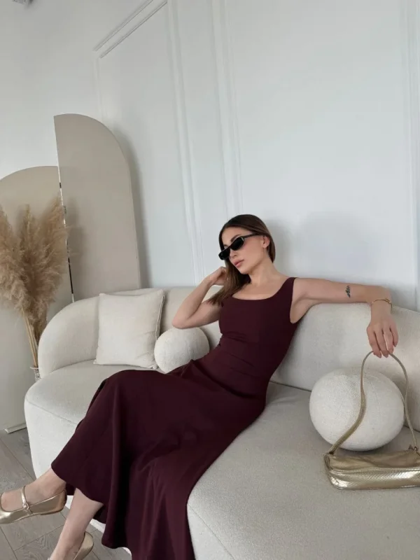 Lushiowear Kadın Sırt Dekolteli Kolsuz Uzun Elbise - Mürdüm