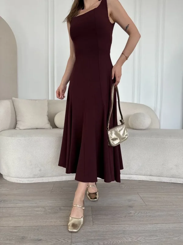 Lushiowear Kadın Sırt Dekolteli Kolsuz Uzun Elbise - Mürdüm