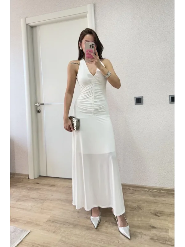 Lushiowear Kadın Sırt dekolteli Uzun Elbise - Beyaz