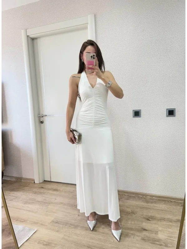 Lushiowear Kadın Sırt dekolteli Uzun Elbise - Beyaz