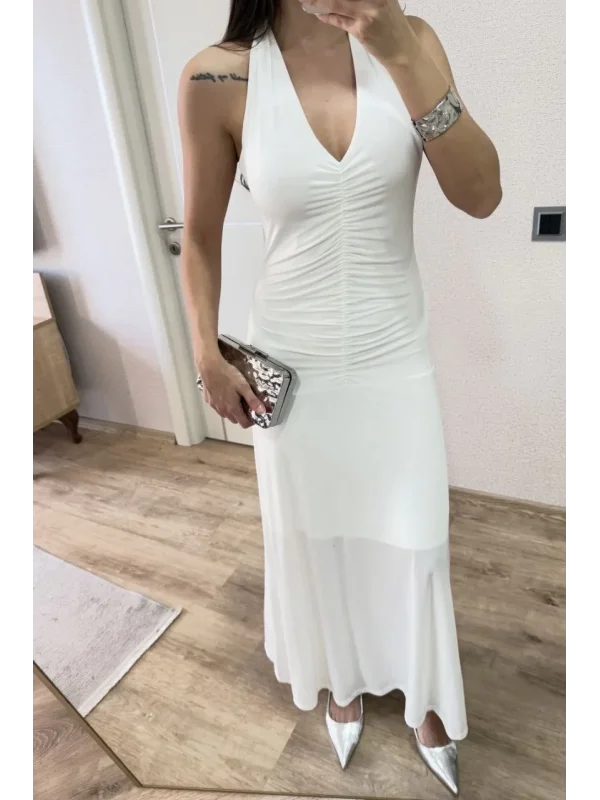 Lushiowear Kadın Sırt dekolteli Uzun Elbise - Beyaz