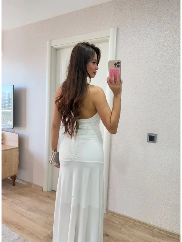 Lushiowear Kadın Sırt dekolteli Uzun Elbise - Beyaz