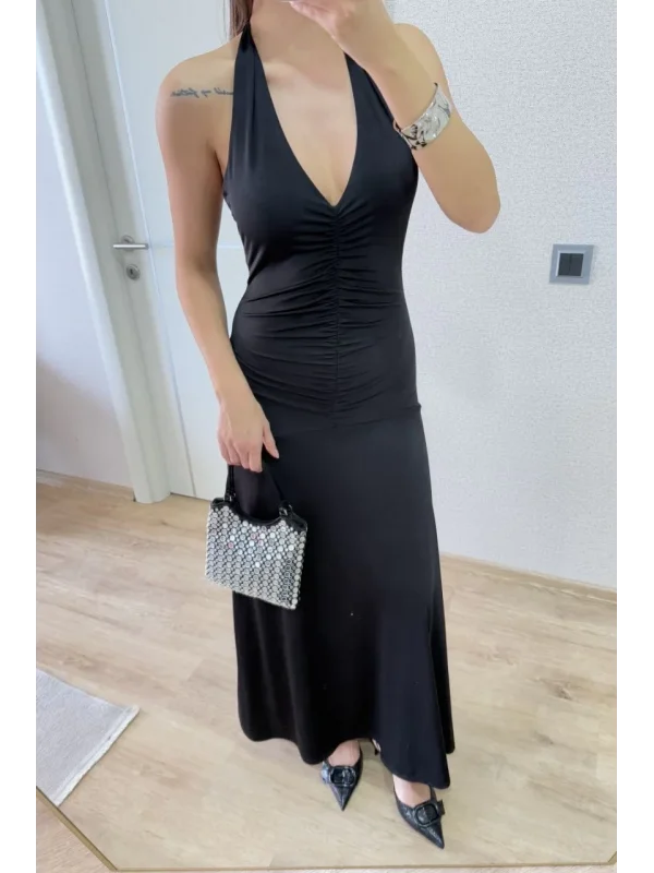 Lushiowear Kadın Sırt dekolteli Uzun Elbise - Siyah