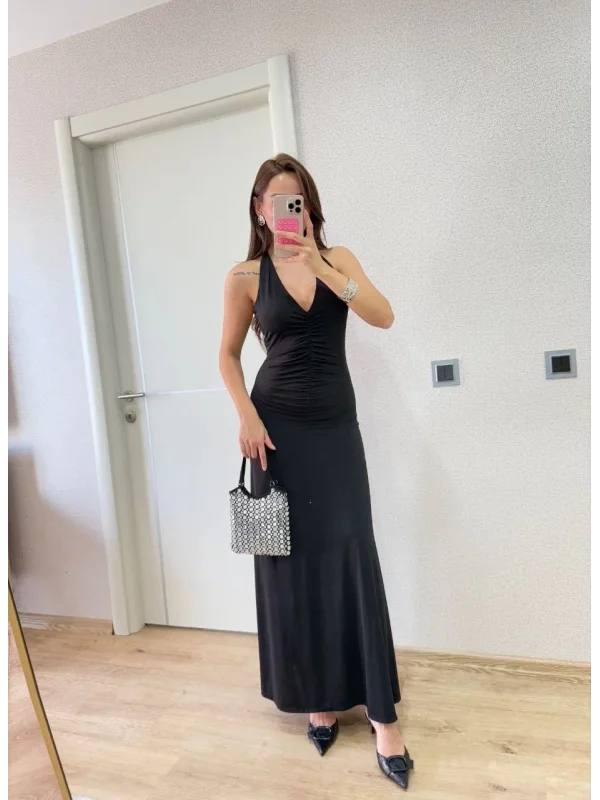 Lushiowear Kadın Sırt dekolteli Uzun Elbise - Siyah