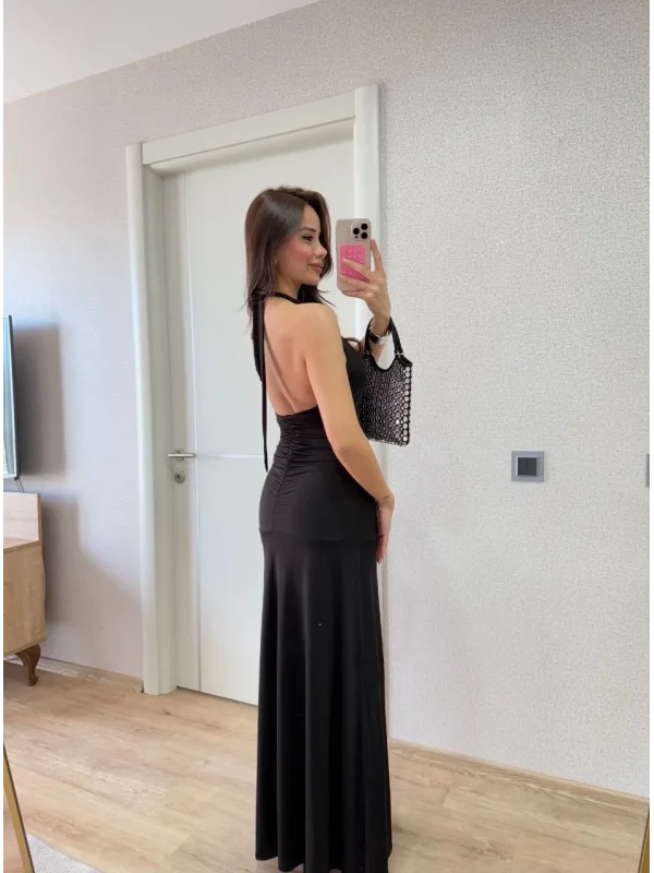 Lushiowear Kadın Sırt dekolteli Uzun Elbise - Siyah