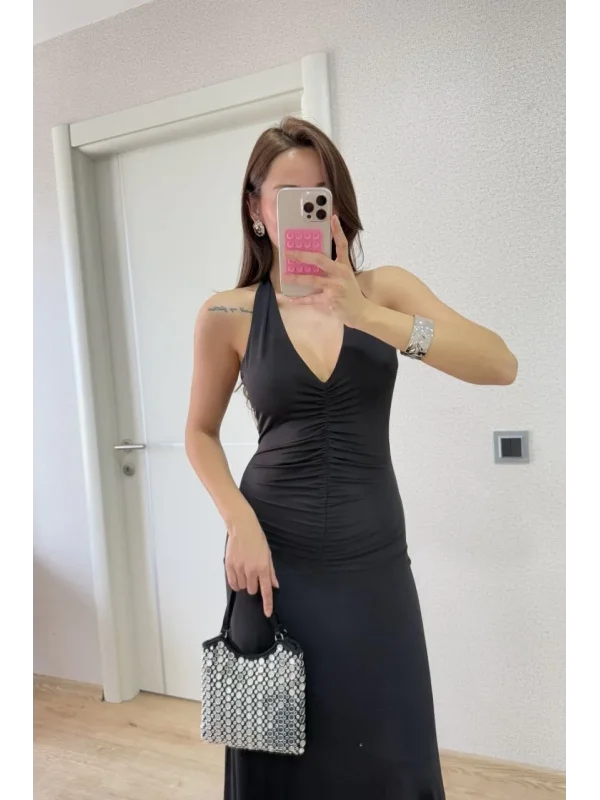 Lushiowear Kadın Sırt dekolteli Uzun Elbise - Siyah