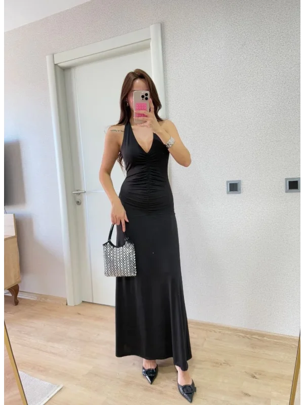 Lushiowear Kadın Sırt dekolteli Uzun Elbise - Siyah