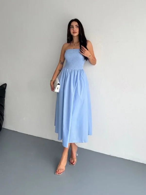 Lushiowear Kadın Straplez Pileli Elbise - Açık Mavi