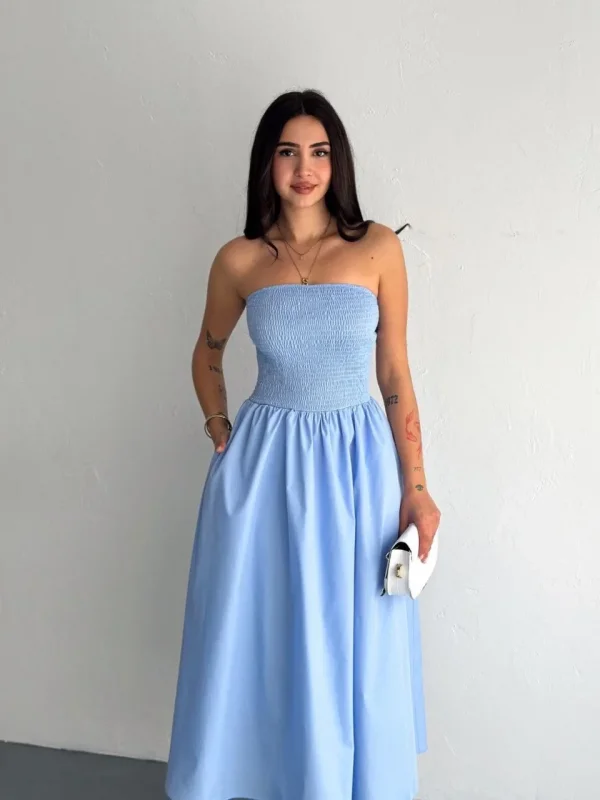 Lushiowear Kadın Straplez Pileli Elbise - Açık Mavi