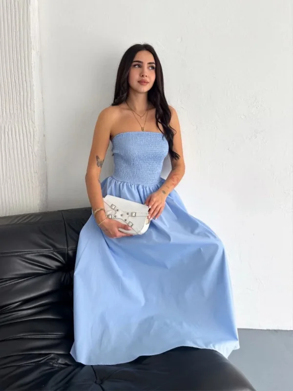 Lushiowear Kadın Straplez Pileli Elbise - Açık Mavi