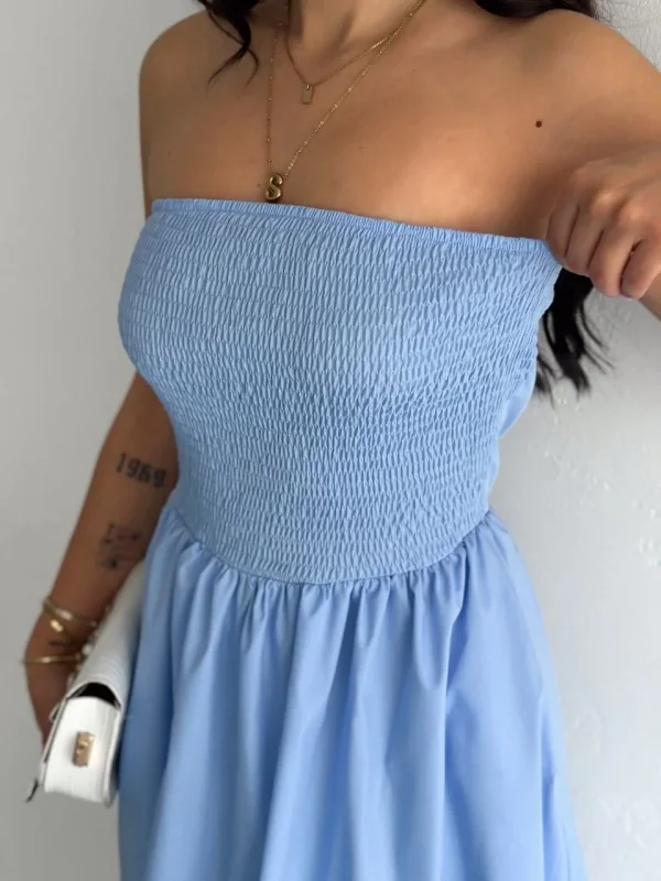 Lushiowear Kadın Straplez Pileli Elbise - Açık Mavi