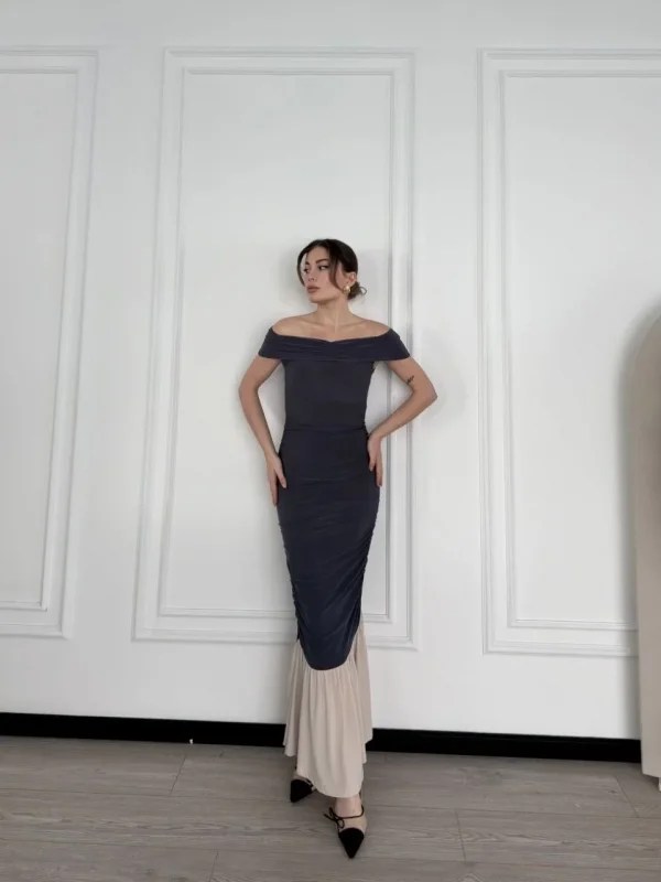 Lushiowear Kadın Striptiz Omuzlu Uzun Elbise- Füme