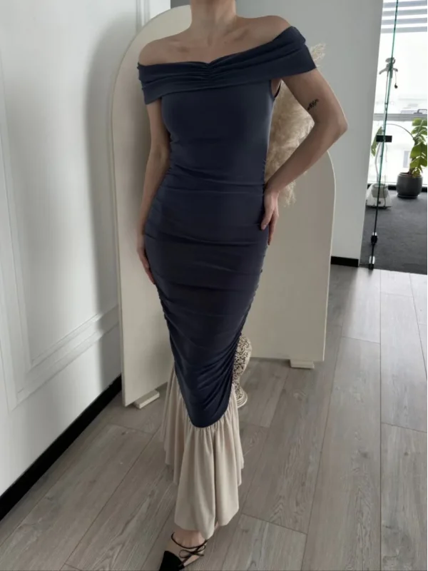 Lushiowear Kadın Striptiz Omuzlu Uzun Elbise- Füme