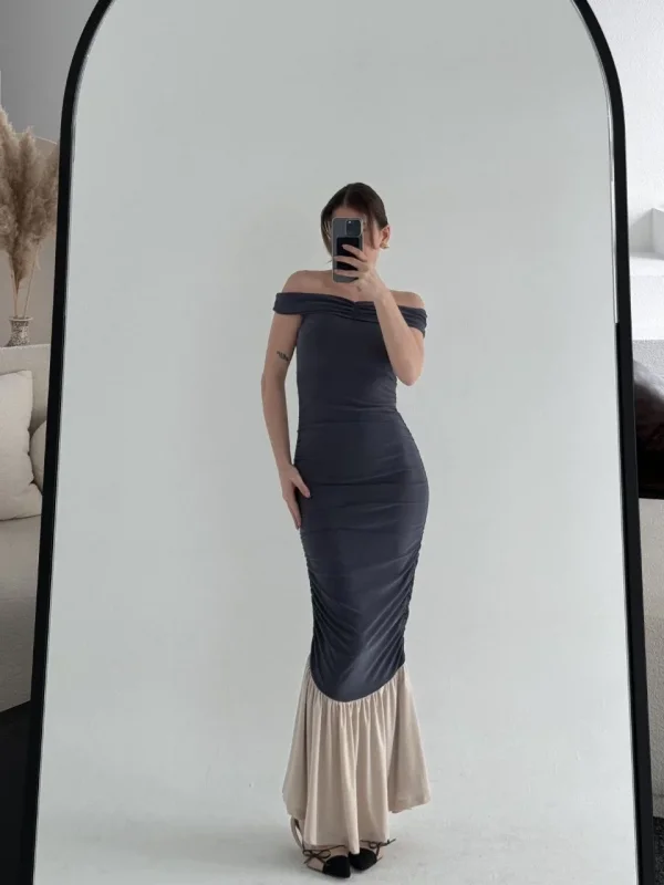 Lushiowear Kadın Striptiz Omuzlu Uzun Elbise- Füme