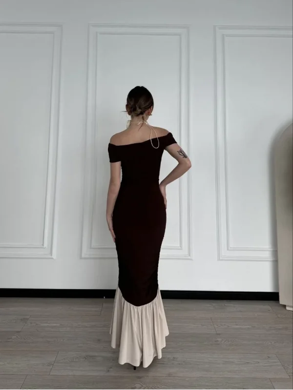 Lushiowear Kadın Striptiz Omuzlu Uzun Elbise - Kahve