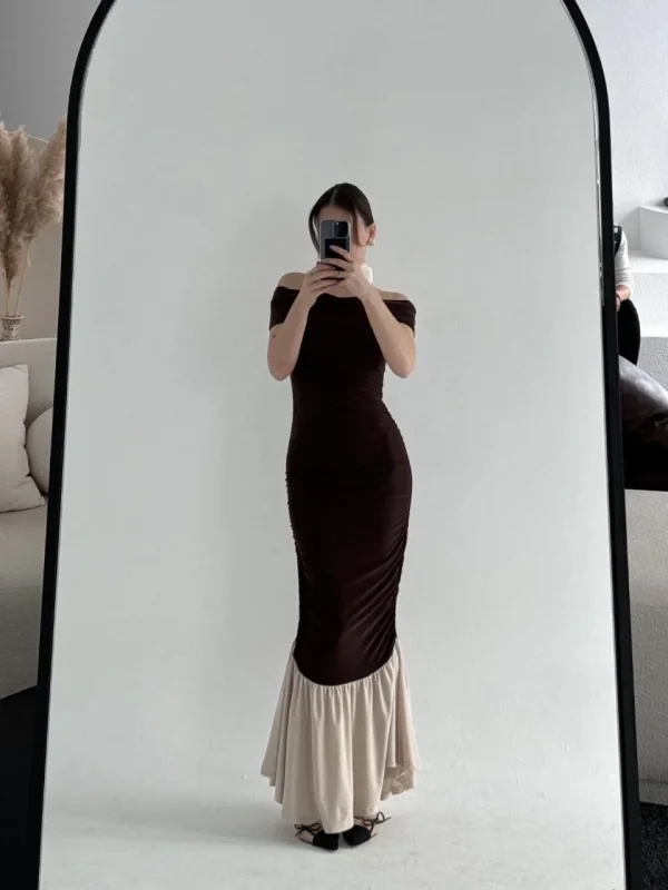 Lushiowear Kadın Striptiz Omuzlu Uzun Elbise - Kahve