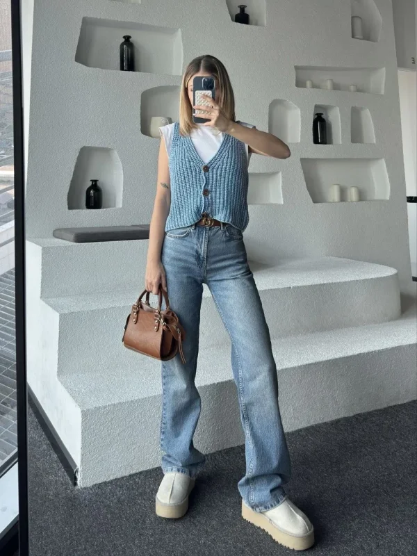 Lushiowear Kadın Triko Kolsuz dokuma Düğmeli Yelek - Mavi