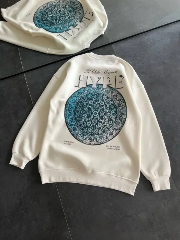 Lushiowear Kadın 3 İplik Pamuklu Bisiklet Yaka Baskılı SweatShirt - Beyaz