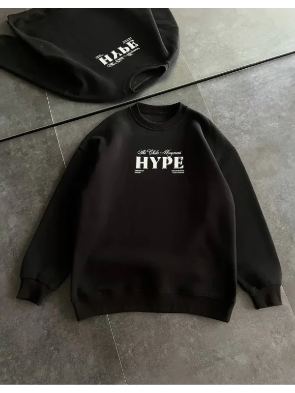 Lushiowear Kadın 3 İplik Pamuklu Bisiklet Yaka Baskılı SweatShirt - Siyah