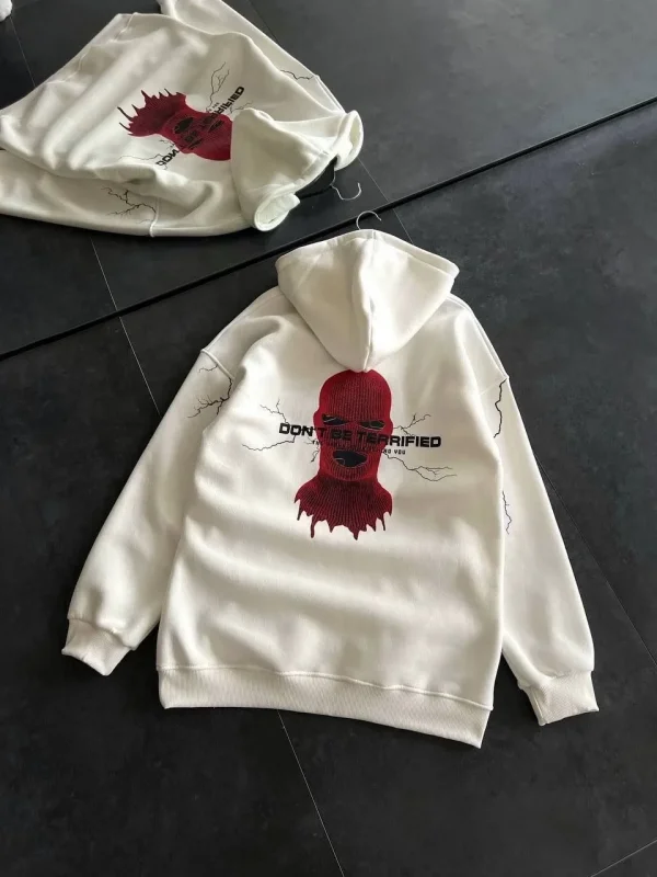 Lushiowear Kadın Kapüşonlu Kanguru Cepli Sweatshirt 3 İplik Pamuklu Baskılı Hoodie - Beyaz