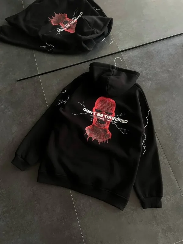 Lushiowear Kadın Kapüşonlu Kanguru Cepli Sweatshirt 3 İplik Pamuklu Baskılı Hoodie - Siyah