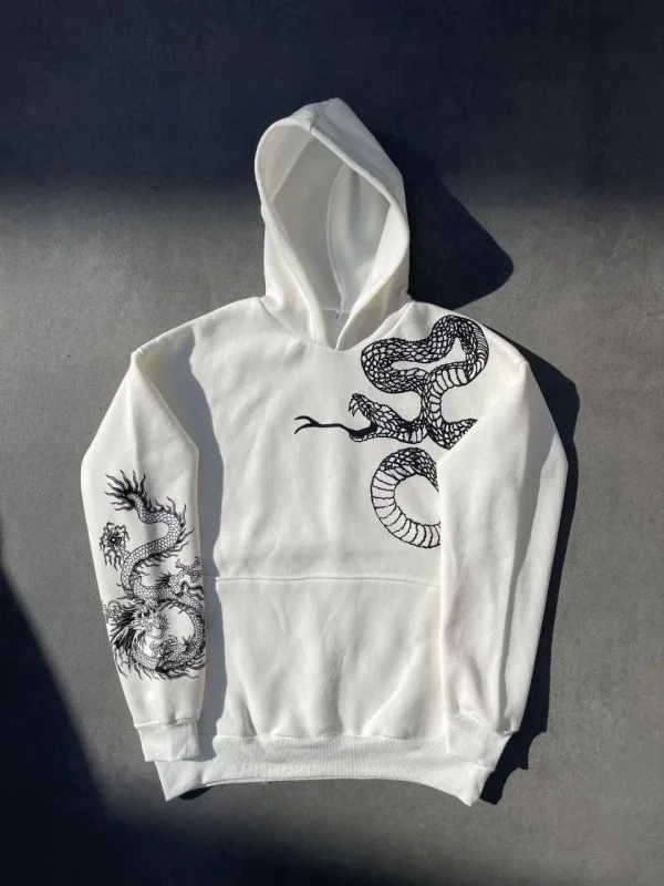 Lushiowear Kadın Oversize Kapüşonlu Kanguru Cepli Baskılı 3 İplik Pamuklu Sweatshirt Hoodie -   Beyaz