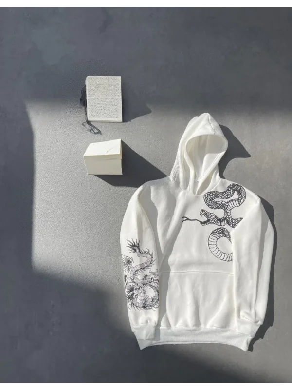 Lushiowear Kadın Oversize Kapüşonlu Kanguru Cepli Baskılı 3 İplik Pamuklu Sweatshirt Hoodie -   Beyaz