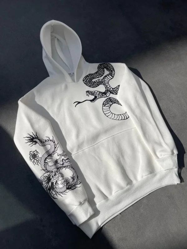 Lushiowear Kadın Oversize Kapüşonlu Kanguru Cepli Baskılı 3 İplik Pamuklu Sweatshirt Hoodie -   Beyaz