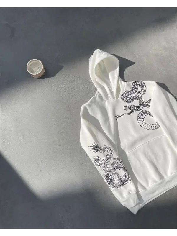 Lushiowear Kadın Oversize Kapüşonlu Kanguru Cepli Baskılı 3 İplik Pamuklu Sweatshirt Hoodie -   Beyaz