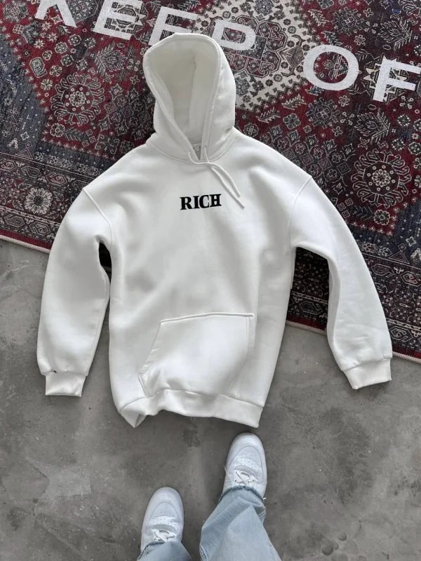 Lushiowear Kadın Kapüşonlu Kanguru Cepli Sweatshirt 3 İplik Pamuklu Baskılı Hoodie - Beyaz