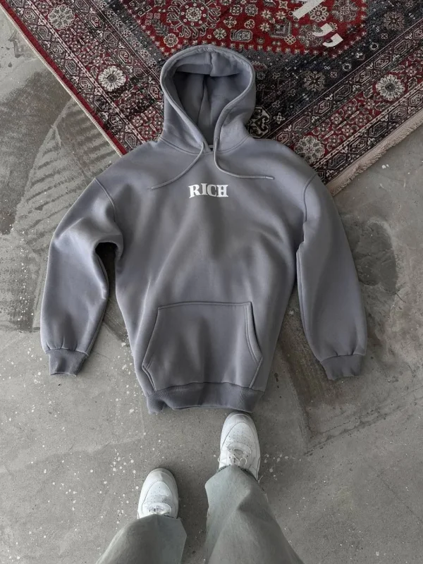 Lushiowear Kadın Kapüşonlu Kanguru Cepli Sweatshirt 3 İplik Pamuklu Baskılı Hoodie - Gri