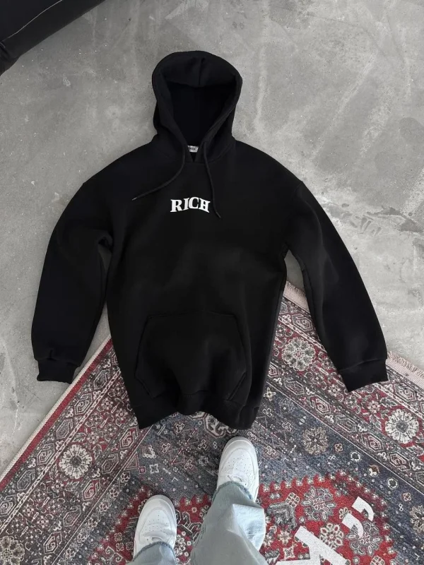 Lushiowear Kadın Kapüşonlu Kanguru Cepli Sweatshirt 3 İplik Pamuklu Baskılı Hoodie - Siyah