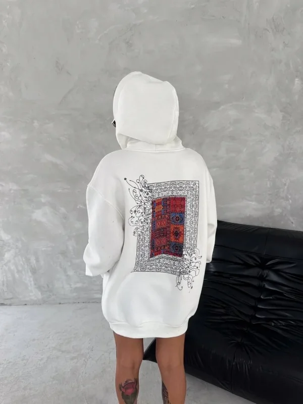 Lushiowear Kadın Kapüşonlu Kanguru Cepli Sweatshirt 3 İplik Pamuklu Baskılı Hoodie - Beyaz
