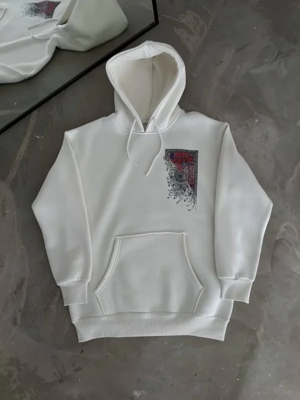 Lushiowear Kadın Kapüşonlu Kanguru Cepli Sweatshirt 3 İplik Pamuklu Baskılı Hoodie - Beyaz