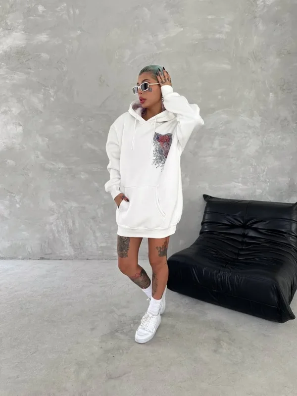 Lushiowear Kadın Kapüşonlu Kanguru Cepli Sweatshirt 3 İplik Pamuklu Baskılı Hoodie - Beyaz