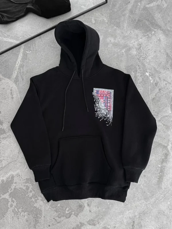 Lushiowear Kadın Kapüşonlu Kanguru Cepli Sweatshirt 3 İplik Pamuklu Baskılı Hoodie - Siyah