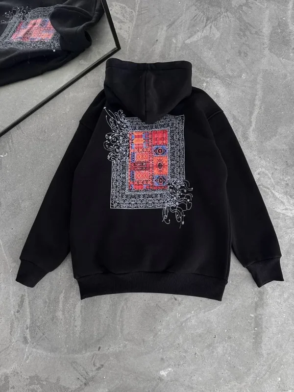 Lushiowear Kadın Kapüşonlu Kanguru Cepli Sweatshirt 3 İplik Pamuklu Baskılı Hoodie - Siyah