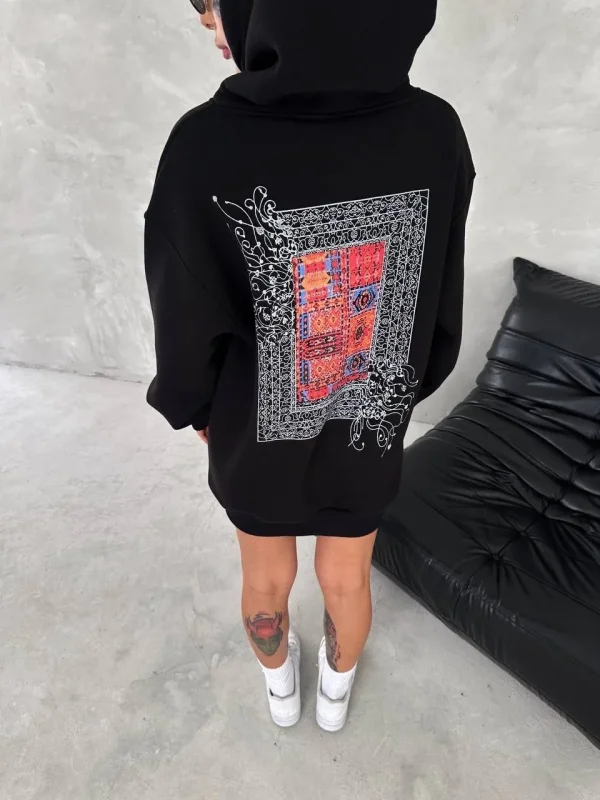 Lushiowear Kadın Kapüşonlu Kanguru Cepli Sweatshirt 3 İplik Pamuklu Baskılı Hoodie - Siyah